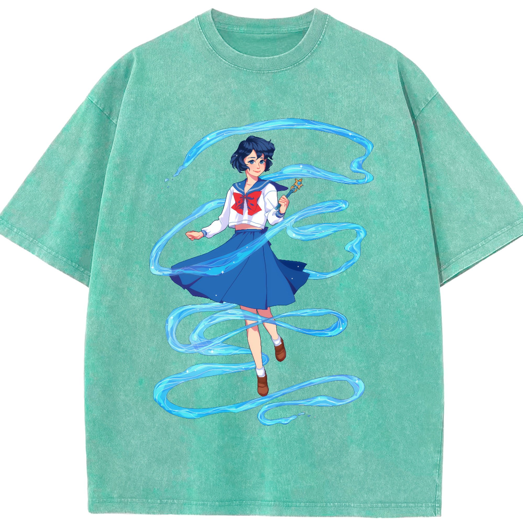 （画像用） 美少女戦士セーラームーン 水野 亜美 みずの あみ Sailor Moon Mizuno Ami 綿100% ヴィンテージ風 半袖Tシャツ（フロントプリント）